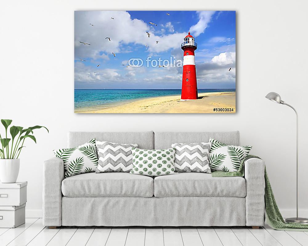 Világítótorony repülõ sirályokkal. Westkapelle (keretezett kép) - vászonkép, falikép otthonra és irodába