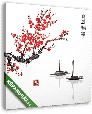 Keleti szent sakura cseresznyefa és két halászhajó  - vászonkép 3D látványterv