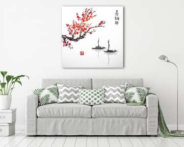 Keleti szent sakura cseresznyefa és két halászhajó  (vászonkép) - vászonkép, falikép otthonra és irodába