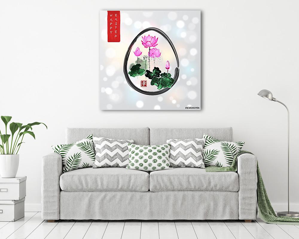 Húsvéti kártya, tojással és lótuszvirágokkal hagyományos kézzel  (vászonkép) - vászonkép, falikép otthonra és irodába