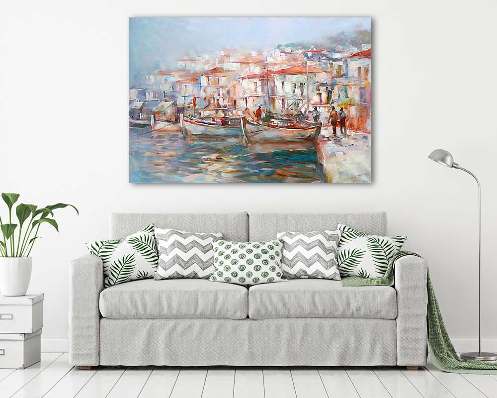 Csónakok a sziget kikötőjén, kézzel készített festészet (bögre) - vászonkép, falikép otthonra és irodába