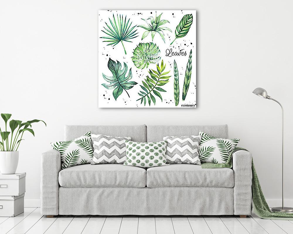 Illustration with tropical leaves. Watercolor set of green leave (vászonkép) - vászonkép, falikép otthonra és irodába