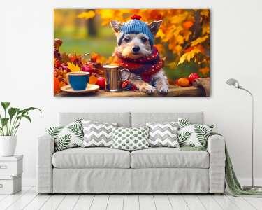 Teázó kutyus az őszi erdőben (vászonkép) - vászonkép, falikép otthonra és irodába