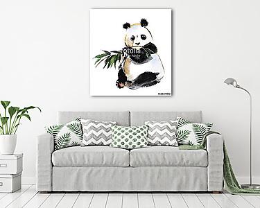 Panda with bamboo sprig isolated on a white background, watercol (vászonkép) - vászonkép, falikép otthonra és irodába