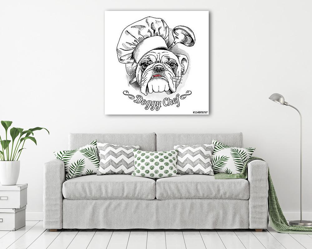 The poster with the image of dog Bulldog in the hat of chef and  - vászonkép, falikép vásárlás The poster with the image of dog Bulldog in the hat of chef and  (vászonkép) - vászonkép, falikép otthonra és irodába
