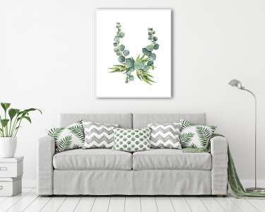 Watercolor vector bouquet with green eucalyptus leaves and branc (vászonkép) - vászonkép, falikép otthonra és irodába