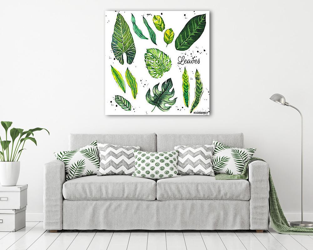 Illustration with tropical leaves. Watercolor set of green leave (fotótapéta) - vászonkép, falikép otthonra és irodába