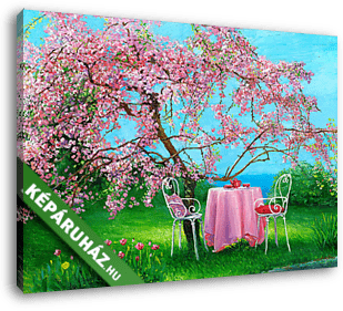 Blossoming plum in a spring garden - vászonkép 3D látványterv
