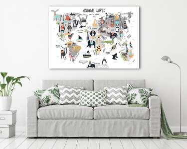 Világtérkép állatokkal, gyerekeknek skandináv stílusú (vászonkép) - vászonkép, falikép otthonra és irodába