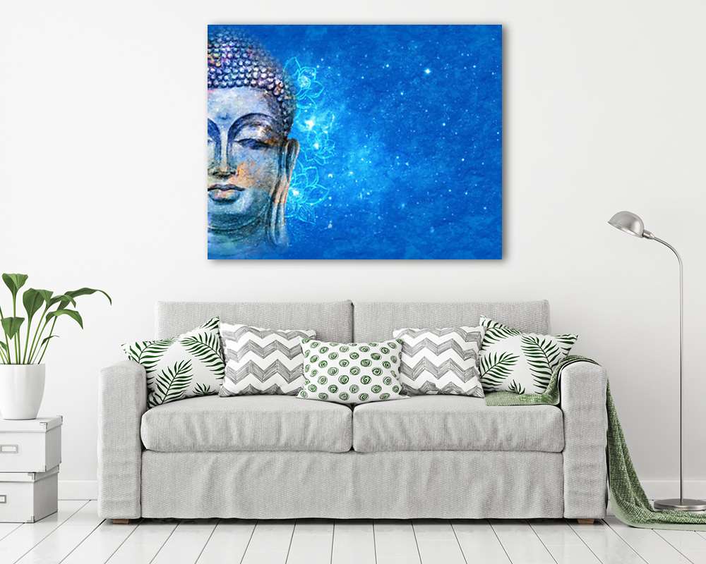 Fél Buddha fej kék háttéren (fotótapéta) - vászonkép, falikép otthonra és irodába
