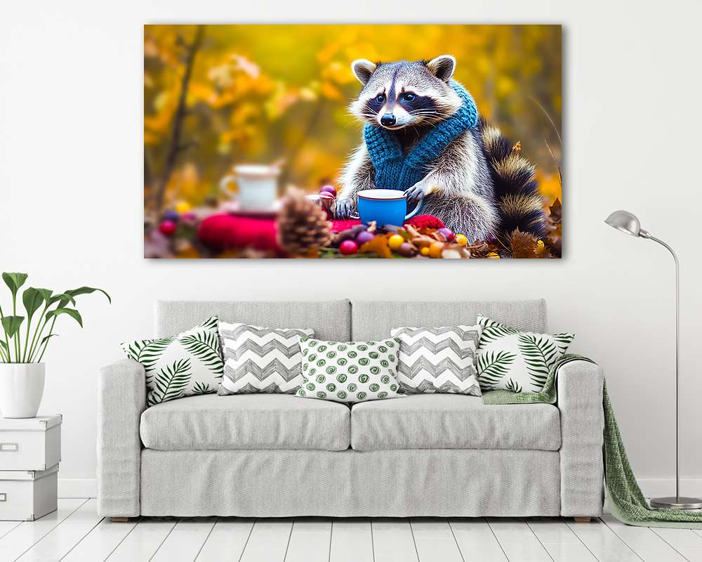 Teázó mosómedve az őszi erdőben (keretezett kép) - vászonkép, falikép otthonra és irodába