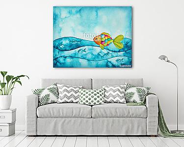 Színes hal hullámokban (akvarell) (vászonkép) - vászonkép, falikép otthonra és irodába