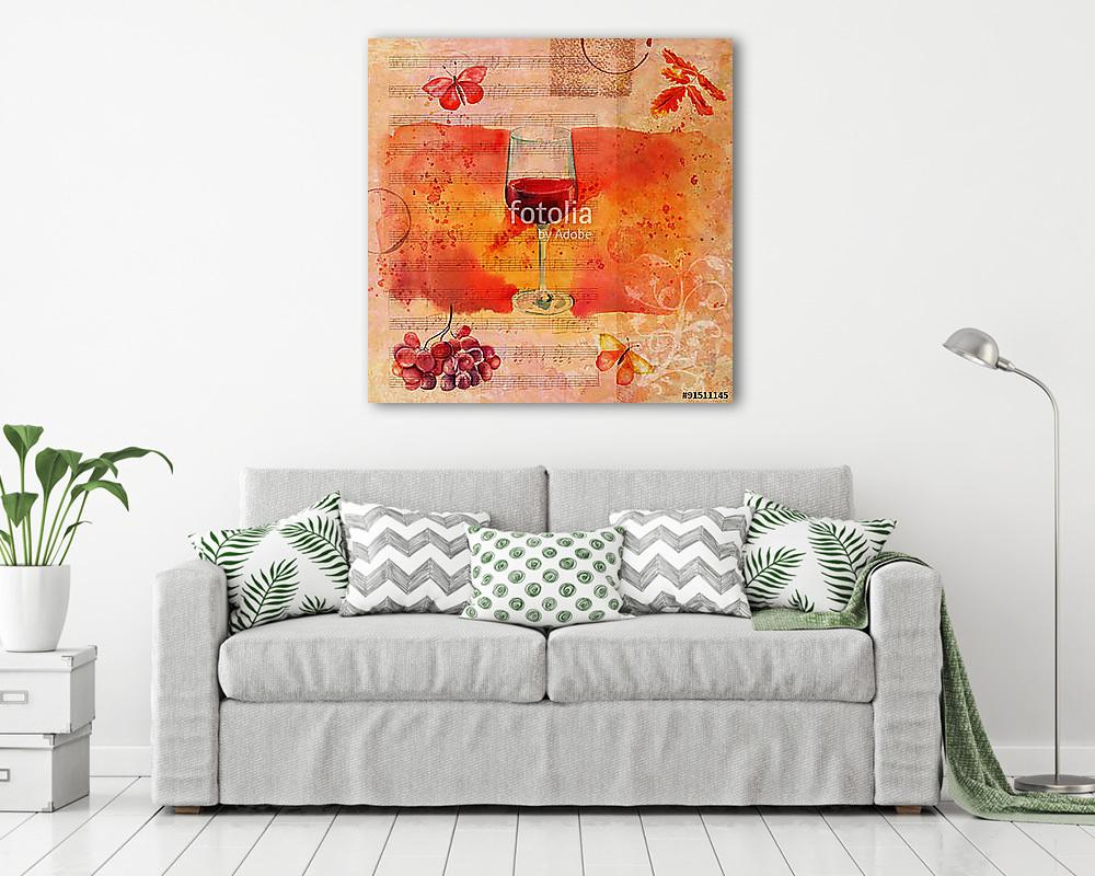 Vörösboros pohár kottákkal és lepkékkel kollázs (akvarell) - vászonkép, falikép vásárlás Vörösboros pohár kottákkal és lepkékkel kollázs (akvarell) (vászonkép) - vászonkép, falikép otthonra és irodába