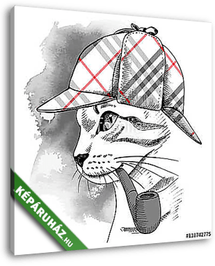 Portrait of a cat in checkered deerstalker with smoking pipe. Ve - vászonkép 3D látványterv