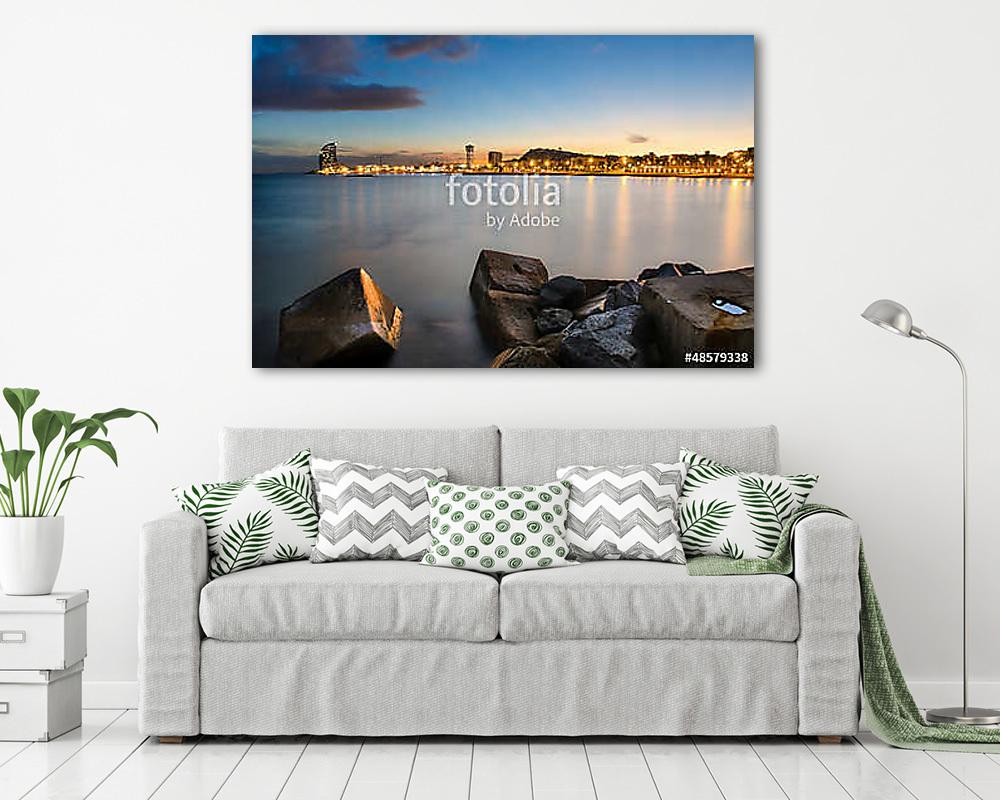 Coastline of Barcelona at sunset, Spain (keretezett kép) - vászonkép, falikép otthonra és irodába