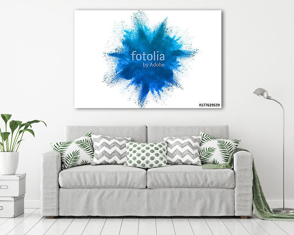 Freeze motion of blue powder explosions isolated on white background (keretezett kép) - vászonkép, falikép otthonra és irodába