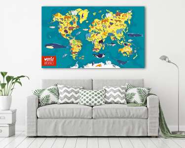 Világtérkép az óceánokkal, kontinensekkel és helyi állatokkal (vászonkép) - vászonkép, falikép otthonra és irodába
