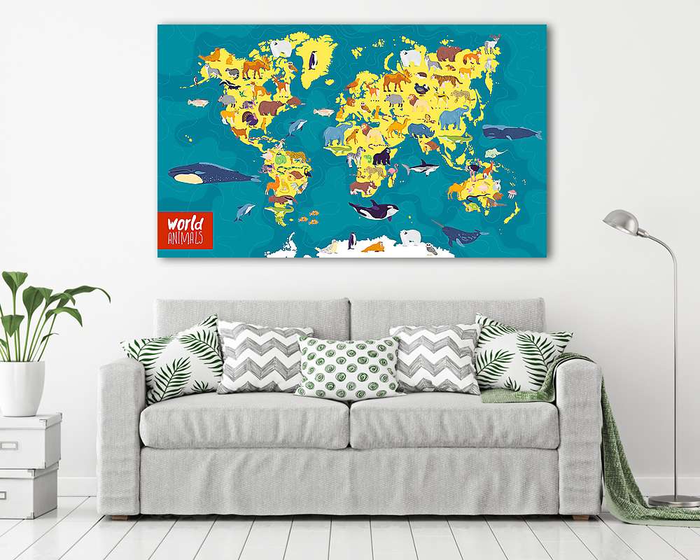 Világtérkép az óceánokkal, kontinensekkel és helyi állatokkal (vászonkép) - vászonkép, falikép otthonra és irodába