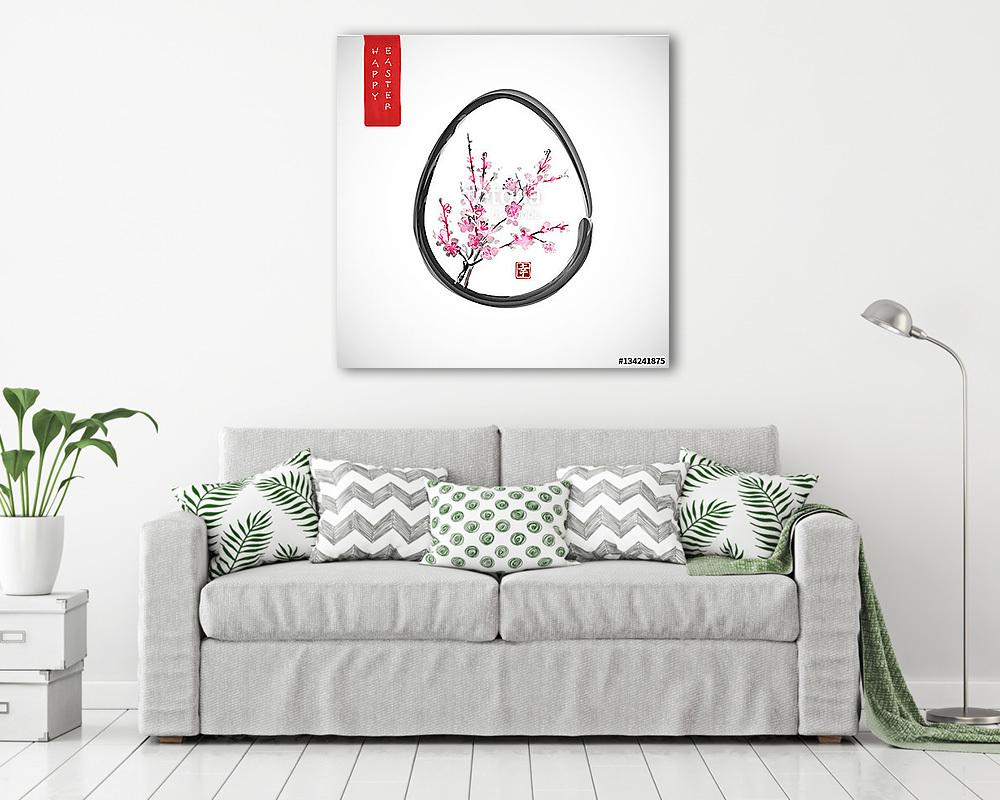 Húsvéti kártya tojással és sakura virágban kézzel húzott traditi (fotótapéta) - vászonkép, falikép otthonra és irodába