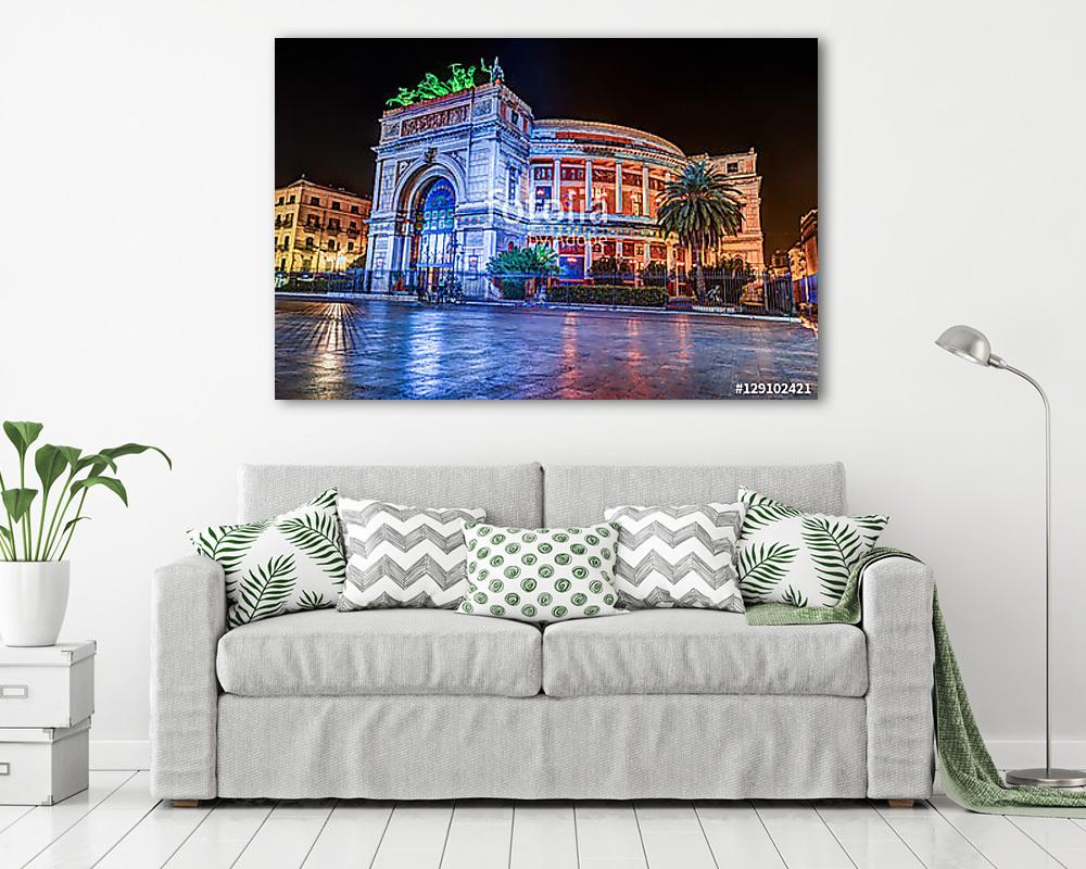 Éjszakai kilátás a Politeama Garibaldi színházra Palermo, Szicíl (többrészes kép) - vászonkép, falikép otthonra és irodába