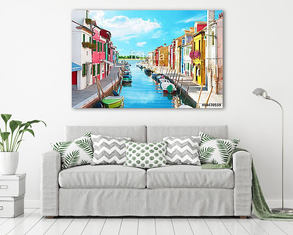 Narrow canal és színes házak Burano, Olaszország. - vászonkép, falikép vásárlás Narrow canal és színes házak Burano, Olaszország. (vászonkép) - vászonkép, falikép otthonra és irodába
