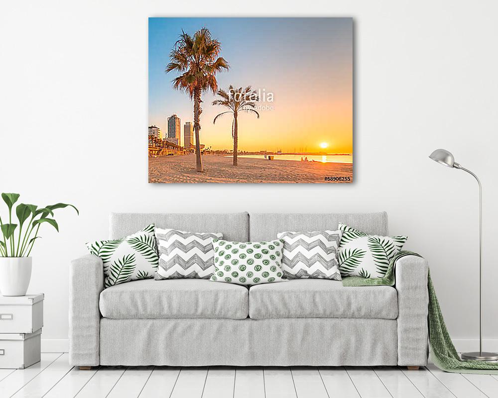 Barceloneta Beach in Barcelona at sunrise (bögre) - vászonkép, falikép otthonra és irodába
