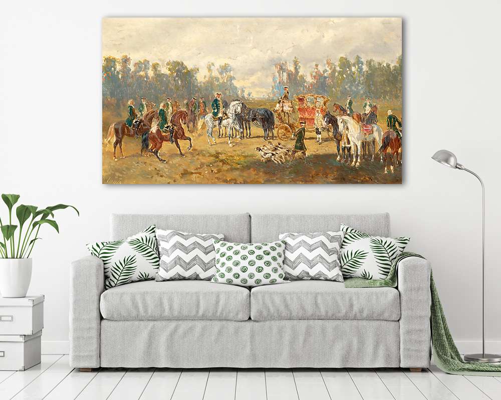 Vadászjelenet 1, Vadászok gyülekezője  (keretezett kép) - vászonkép, falikép otthonra és irodába