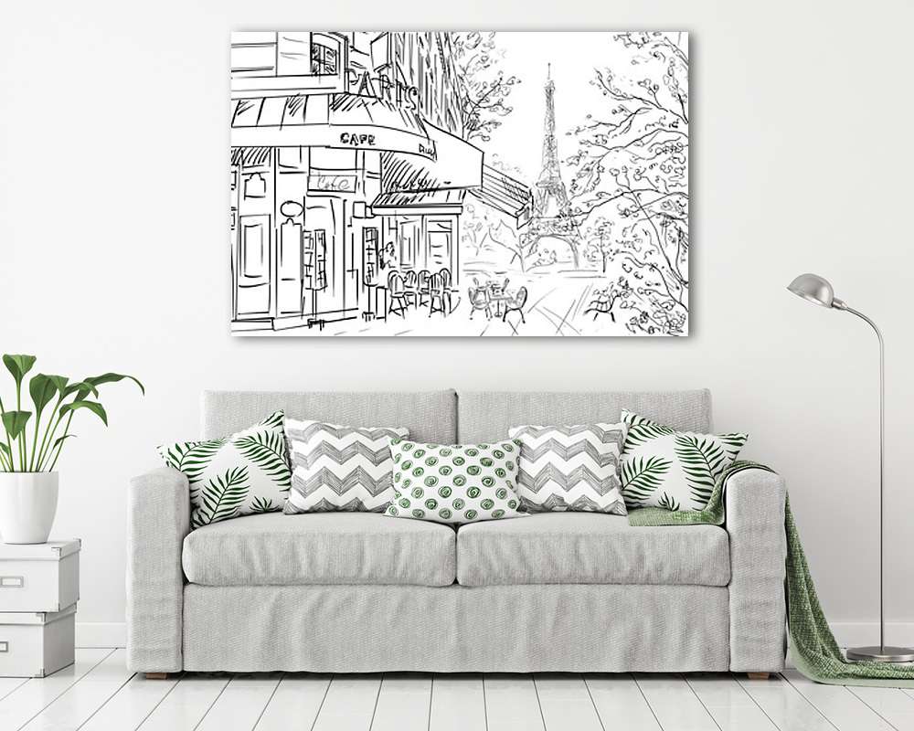 Párizsi utcák, sarki üzletek és az Eiffel torony (többrészes kép) - vászonkép, falikép otthonra és irodába