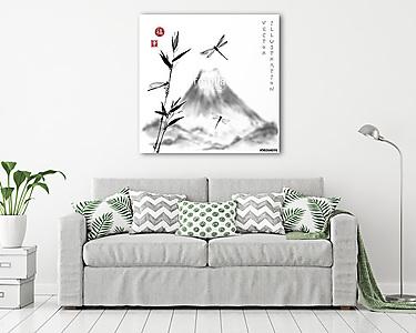 Fuji-hegység, bambusz ág és szitakötők.  (vászonkép) - vászonkép, falikép otthonra és irodába