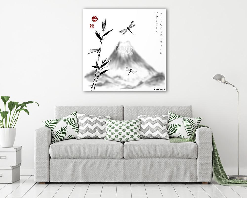 Fuji-hegység, bambusz ág és szitakötők.  - vászonkép, falikép vásárlás Fuji-hegység, bambusz ág és szitakötők.  (fotótapéta) - vászonkép, falikép otthonra és irodába