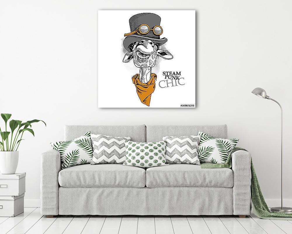 Giraffe portrait in a steampunk hat with cravat. Vector illustra (vászonkép) - vászonkép, falikép otthonra és irodába