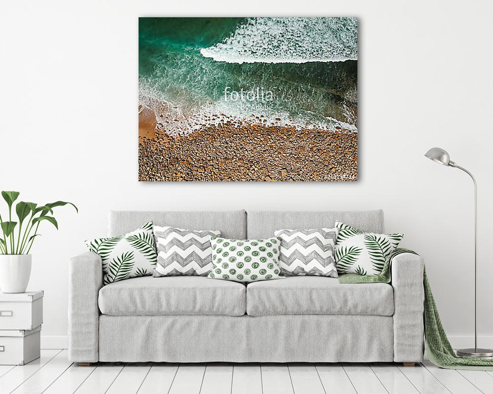 Aerial view of sandy beach with waves perfect spot for surfing. Drone photo  - vászonkép, falikép vásárlás Aerial view of sandy beach with waves perfect spot for surfing. Drone photo  (vászonkép) - vászonkép, falikép otthonra és irodába