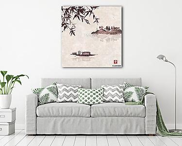 Horgászcsó, bambusz és sziget füves fákkal szüreti ric (vászonkép) - vászonkép, falikép otthonra és irodába