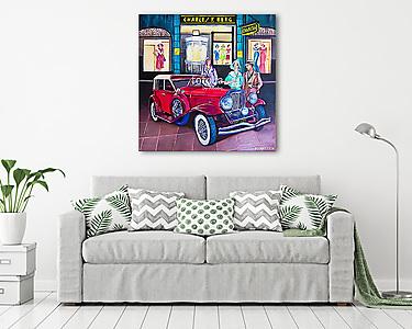 Piros régi autó (olajfestmény reprodukció) (vászonkép) - vászonkép, falikép otthonra és irodába