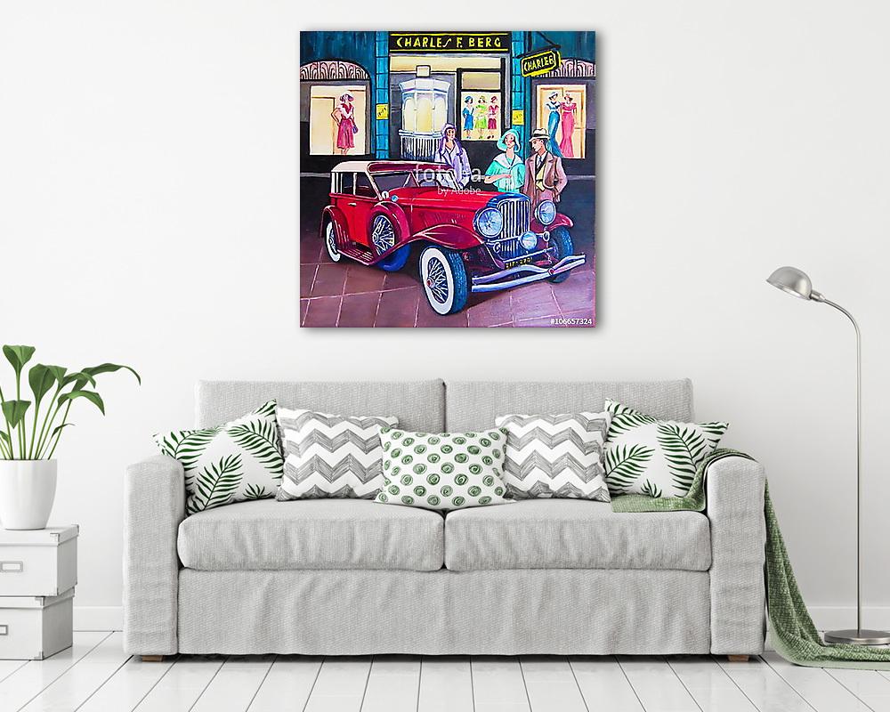 Piros régi autó (olajfestmény reprodukció) - vászonkép, falikép vásárlás Piros régi autó (olajfestmény reprodukció) (fotótapéta) - vászonkép, falikép otthonra és irodába