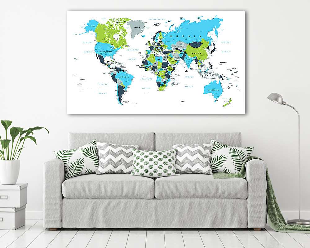 Világtérkép Politikai Kék Zöld Barna Vektor (többrészes kép) - vászonkép, falikép otthonra és irodába