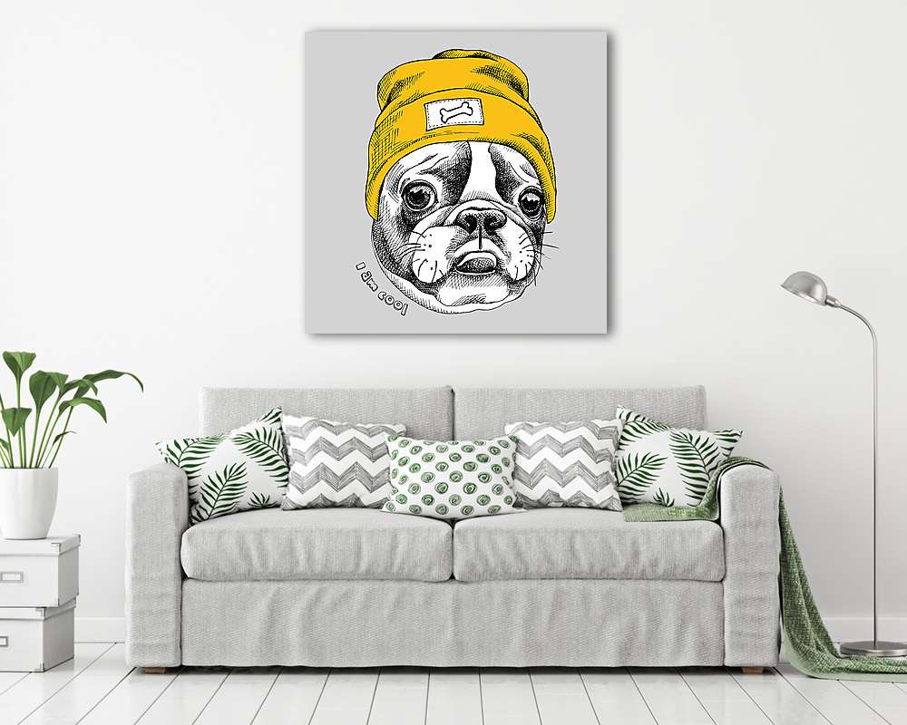 Portrait of French bulldog in a yellow Hipster hat. Vector illus - vászonkép, falikép vásárlás Portrait of French bulldog in a yellow Hipster hat. Vector illus (fotótapéta) - vászonkép, falikép otthonra és irodába