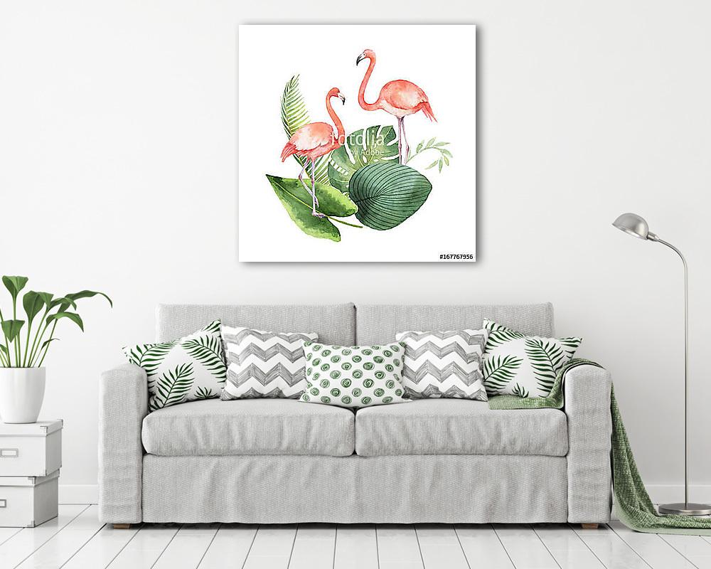Watercolor card of tropical leaves and the pink Flamingo isolate (többrészes kép) - vászonkép, falikép otthonra és irodába