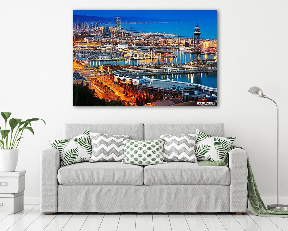  Port in Barcelona during evening. Catalonia, (keretezett kép) - vászonkép, falikép otthonra és irodába