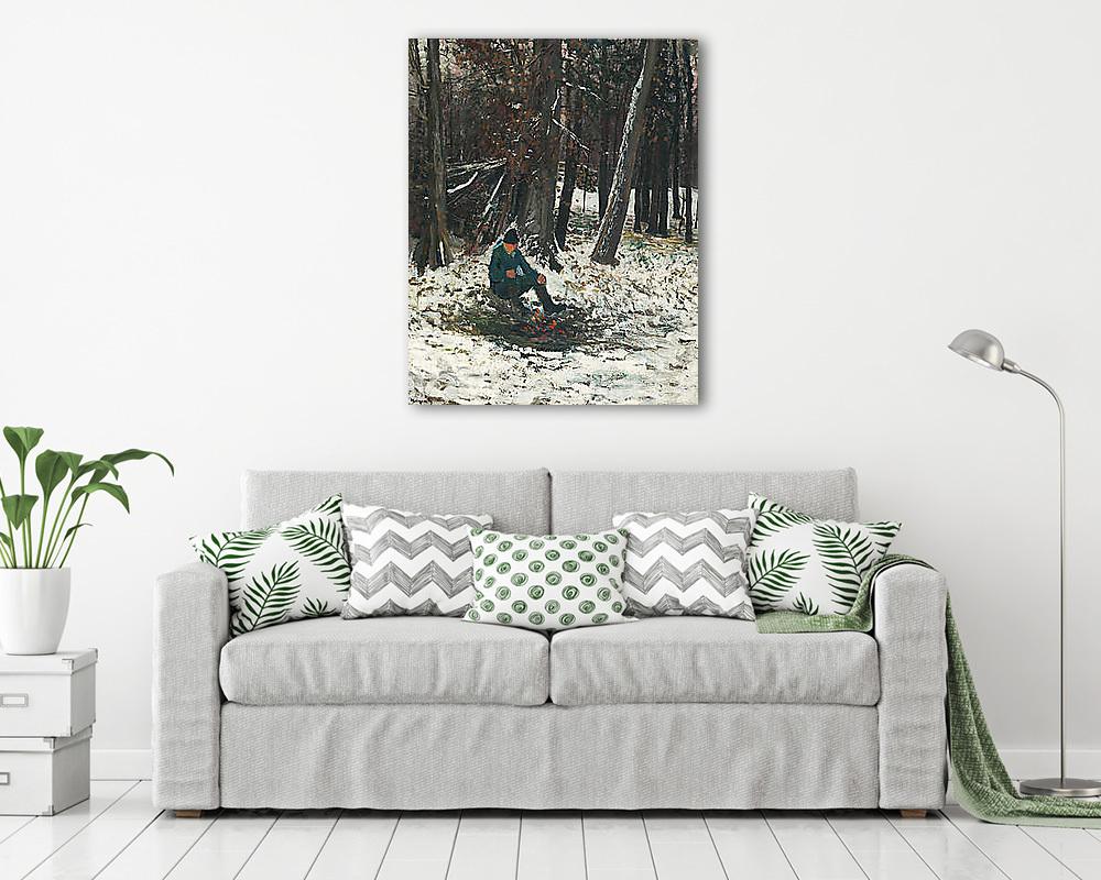 Pihenő favágó a tábortűznél (többrészes kép) - vászonkép, falikép otthonra és irodába