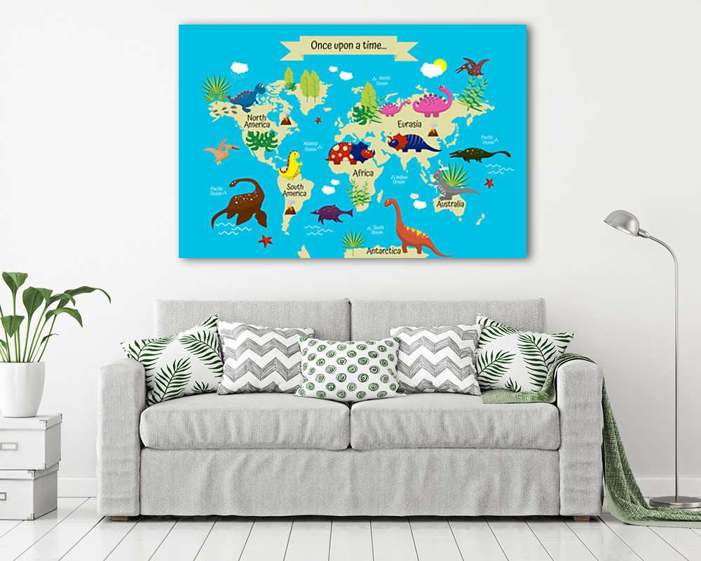 Világtérkép dinoszauruszokkal gyerekszobába (fotótapéta) - vászonkép, falikép otthonra és irodába