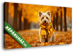 Westie kutyus sállal az őszi avaron - vászonkép 3D látványterv