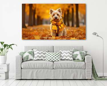Westie kutyus sállal az őszi avaron (vászonkép) - vászonkép, falikép otthonra és irodába