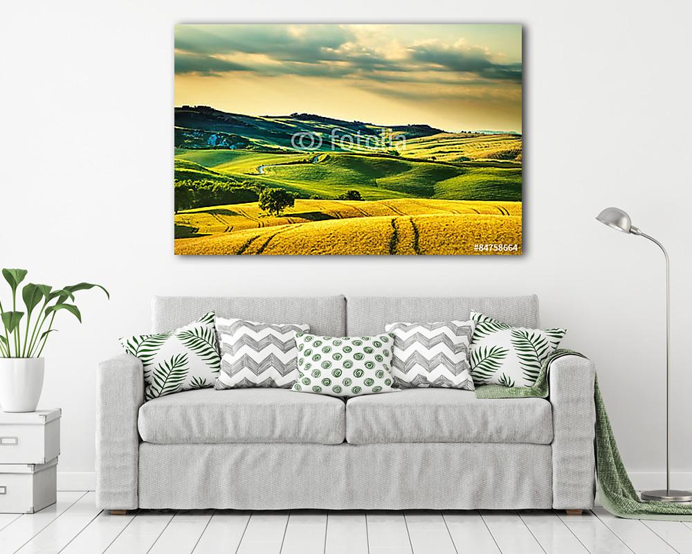Toszkána tavaszi, dombjai a naplementében. Volterra vidéki tájke - vászonkép, falikép vásárlás Toszkána tavaszi, dombjai a naplementében. Volterra vidéki tájke (bögre) - vászonkép, falikép otthonra és irodába