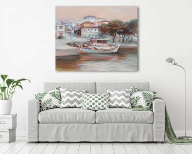 Csónakok a sziget kikötőjén, kézzel készített festészet (vászonkép) - vászonkép, falikép otthonra és irodába