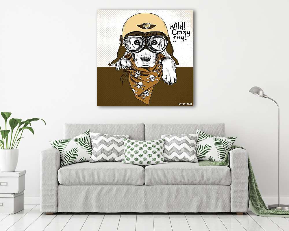 Portrait of a dog wearing the retro motorcyclist helmet and neck - vászonkép, falikép vásárlás Portrait of a dog wearing the retro motorcyclist helmet and neck (vászonkép) - vászonkép, falikép otthonra és irodába