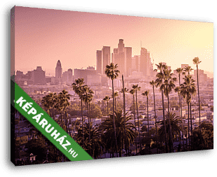 Beautiful sunset of Los Angeles downtown skyline and palm trees  - vászonkép 3D látványterv