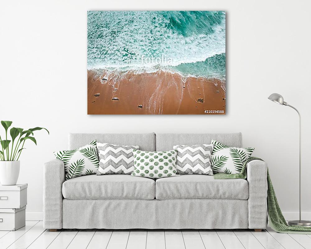 Aerial view of sandy beach with waves perfect spot for surfing. Drone photo  (fotótapéta) - vászonkép, falikép otthonra és irodába