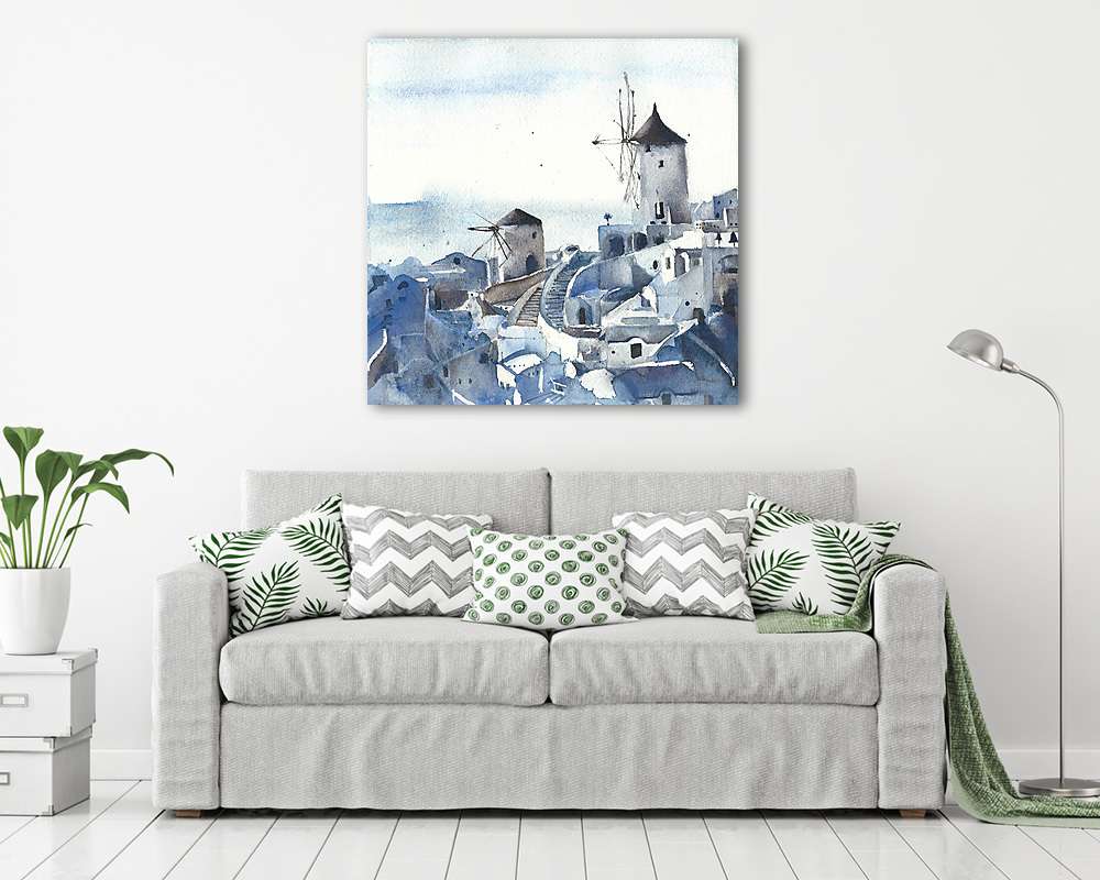 Santorini megtekintése Görögország szigetén akvarell festmény - vászonkép, falikép vásárlás Santorini megtekintése Görögország szigetén akvarell festmény (vászonkép) - vászonkép, falikép otthonra és irodába