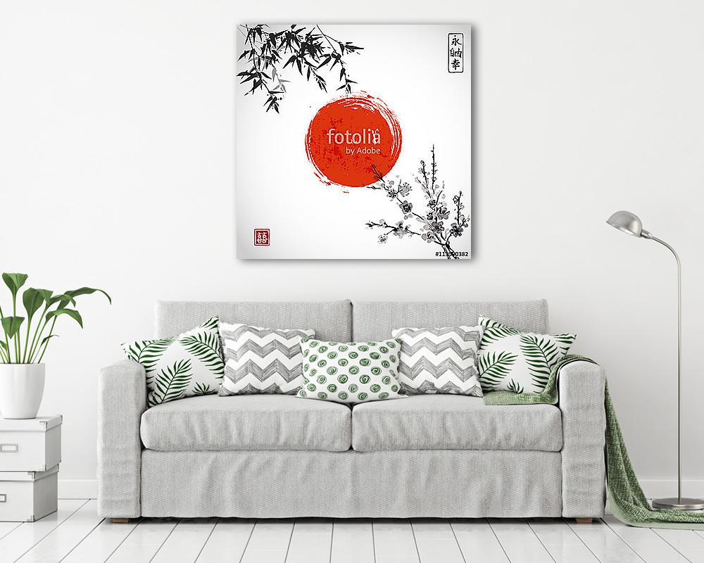 Nap, bambusz és sakura virágban. A hagyományos japán tintafájdal (fotótapéta) - vászonkép, falikép otthonra és irodába